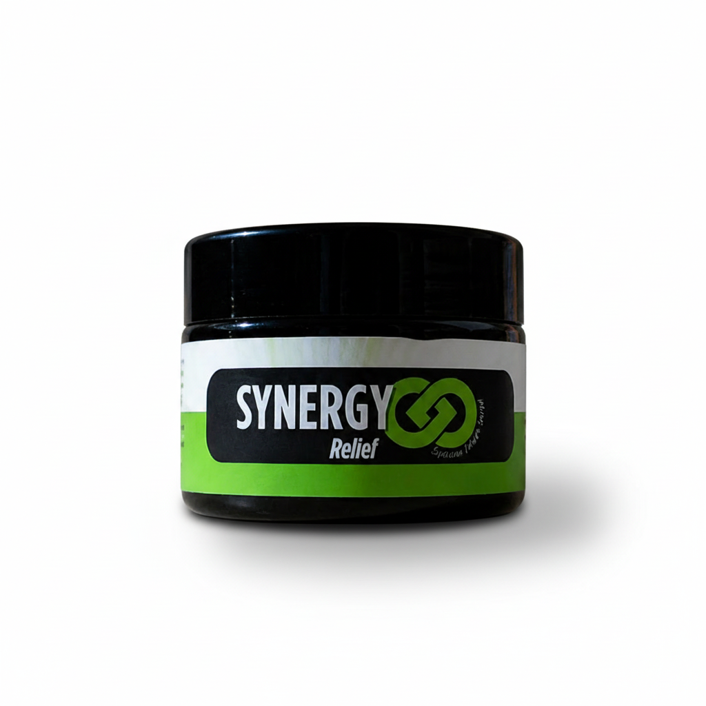 Synergy Relief Cream with a sophisticated white background
